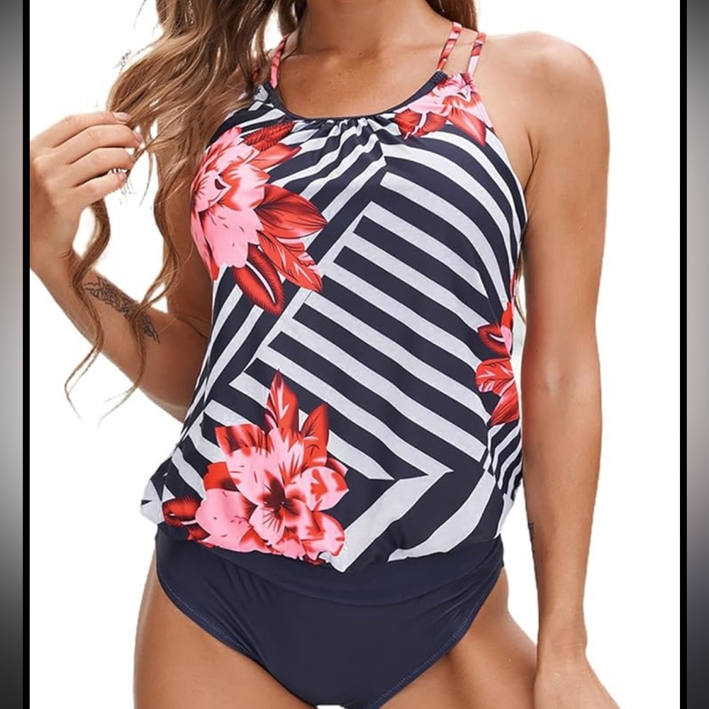 Striped Floral Women's Tankini 2 piece set large swim swimsuit  new